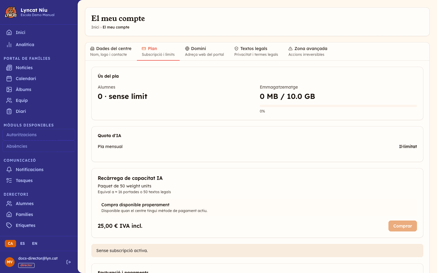 Pestanya Plan de El meu compte, amb l'ús d'alumnes, la barra de progrés d'emmagatzematge, la quota d'IA i la secció de facturació. Vista del director.