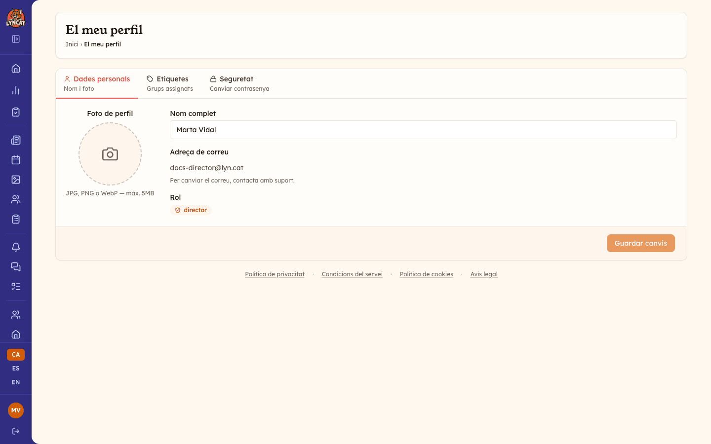 Pestanya Dades personals de la pàgina El meu perfil, amb la foto de perfil, el nom complet, el correu electrònic i el rol. Vista del director.