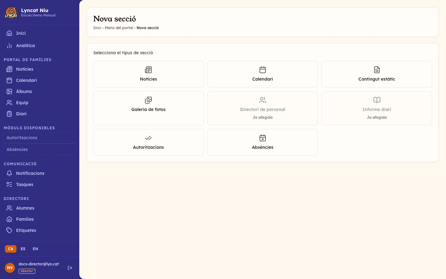 Graella de tipus de secció disponibles en crear una nova secció, vista del director