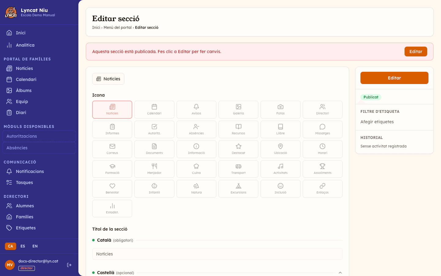 Formulari d'edició d'una secció amb graella d'icones, noms en diverses llengües i filtre d'etiquetes, vista del director