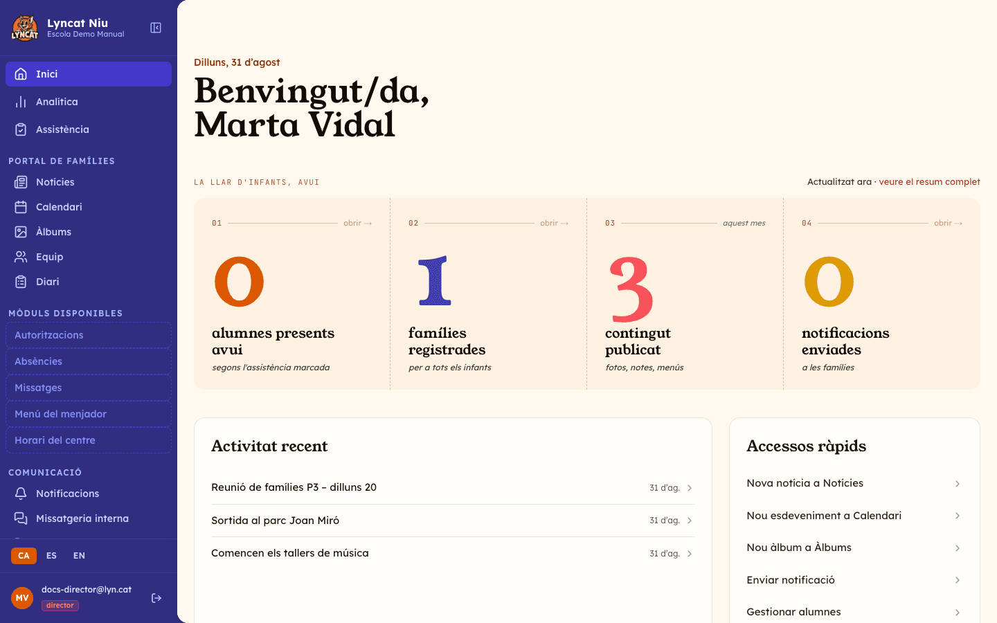 Pantalla d'Inici del panell amb la salutació, la franja dels quatre indicadors, l'activitat recent i els accessos ràpids, vista del director
