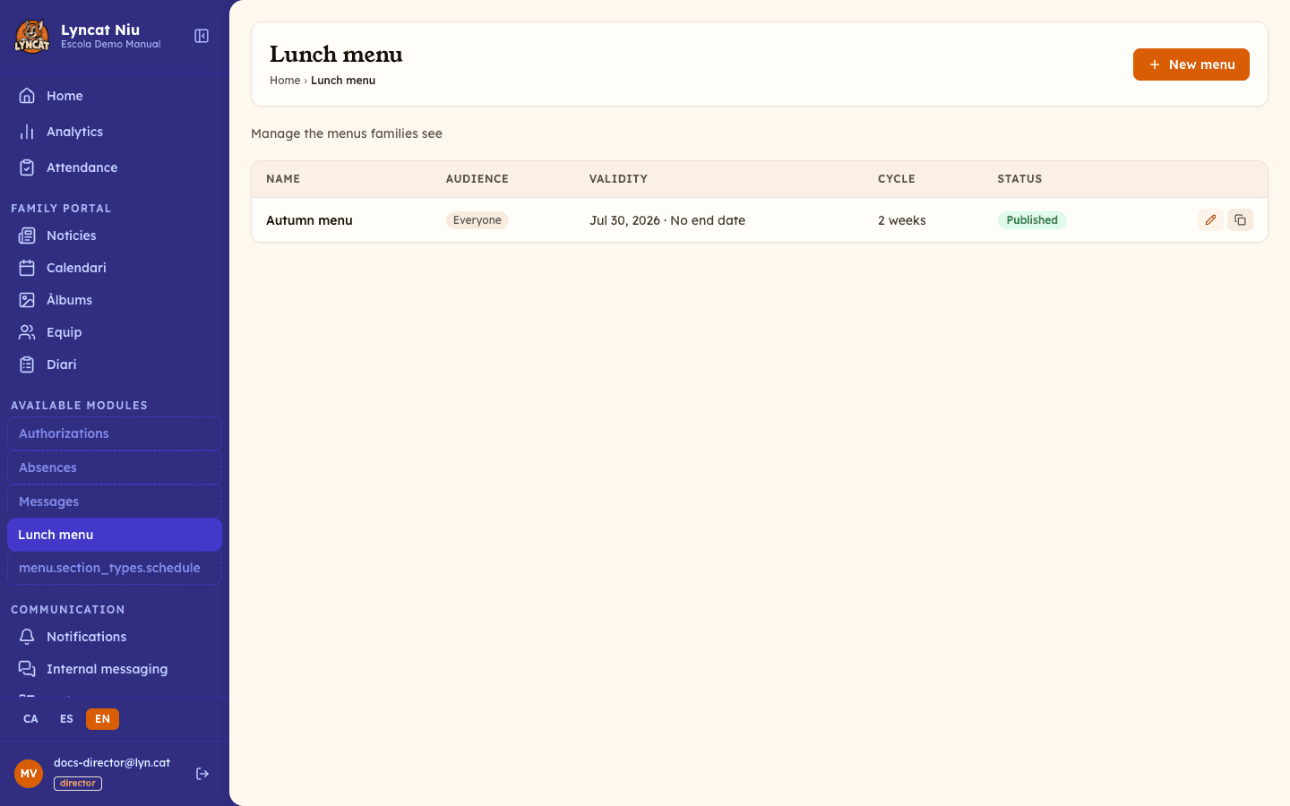 Lunch menu list with columns for name, audience, validity, cycle and status, director's view