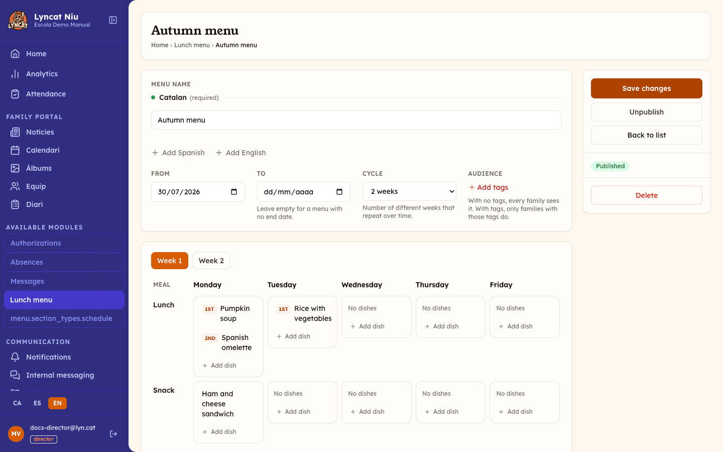 Menu editor with the metadata form and the weekly grid of dishes per day and meal, director's view