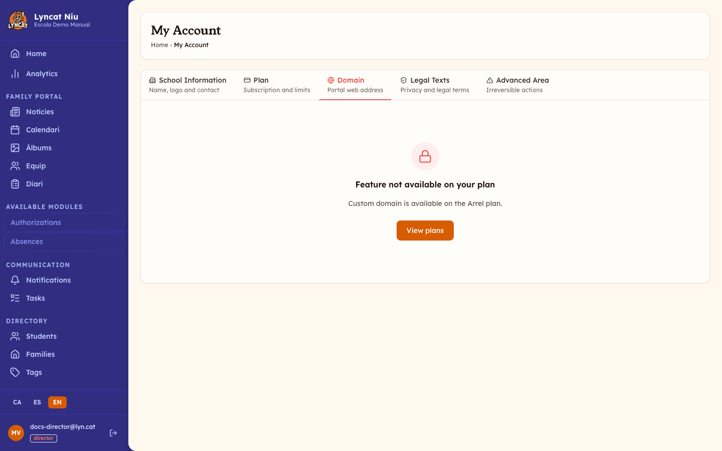 Domain tab in My Account, showing the 'Feature not available on your plan' message for schools not on the Arrel plan. Director view.