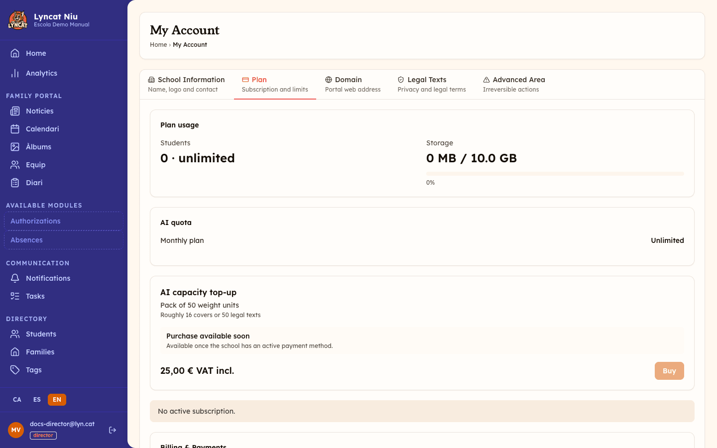 Plan tab in My Account, showing student usage, storage progress bar, AI quota, and billing section. Director view.