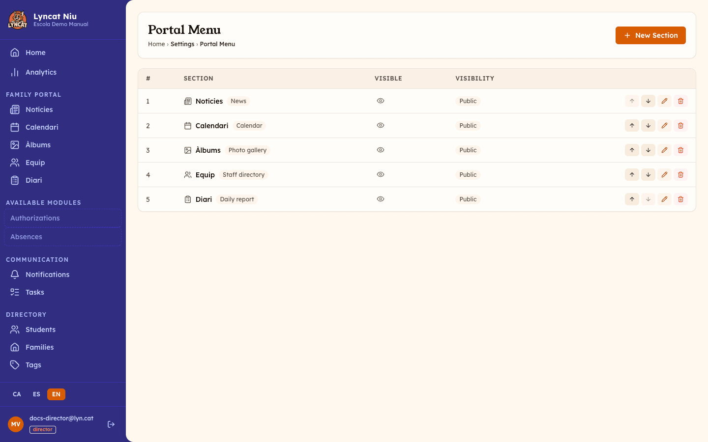 Portal menu section list with order, visibility and edit actions, director view
