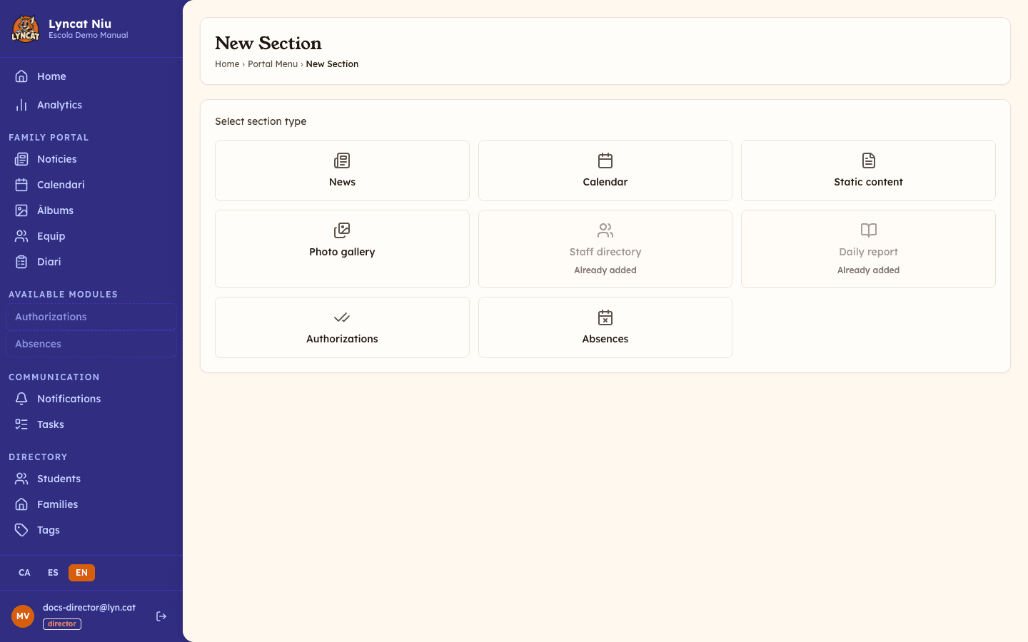 Grid of available section types when creating a new section, director view