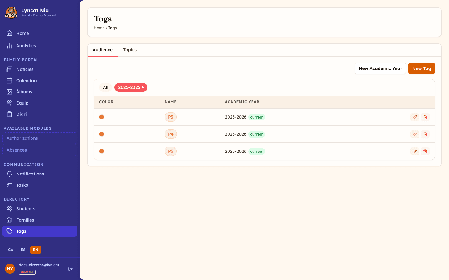 Student tag list with academic year filter, director view