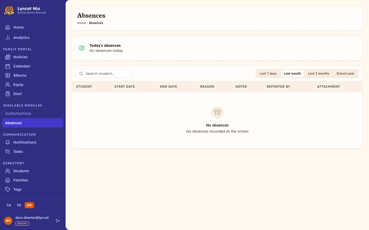 Main view of the Absences section, showing the today widget, period filters, and the absence registry table. Director view.
