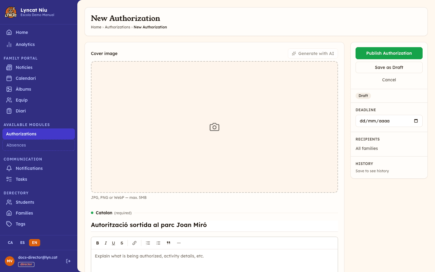 New authorization creation form showing the title field, rich-text description editor, and the configuration sidebar with deadline and recipient settings. Director view.