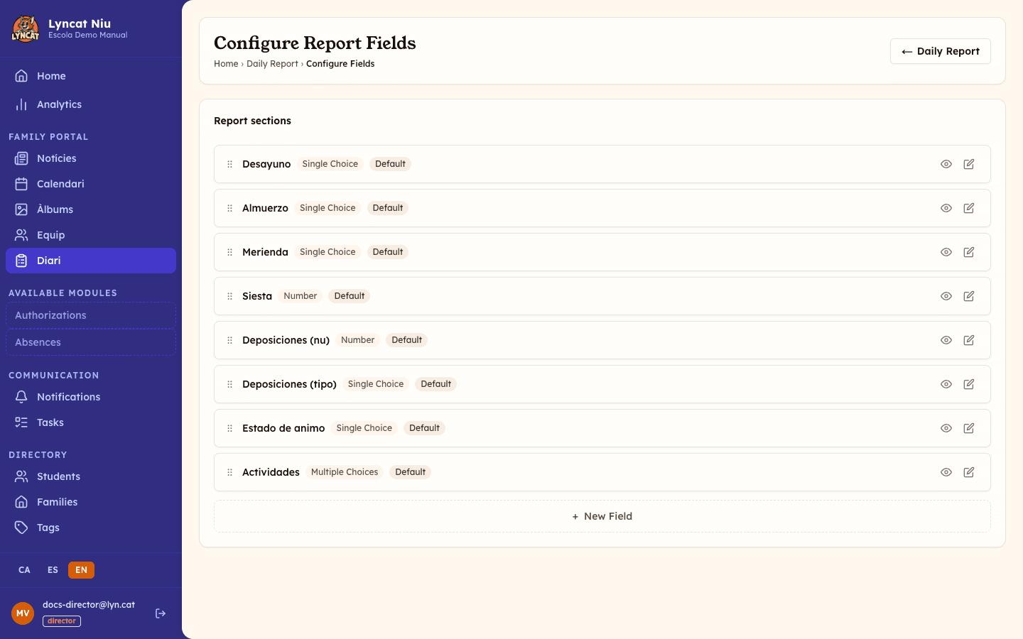 Configure Report Fields screen with the list of fields and the New Field button, director view