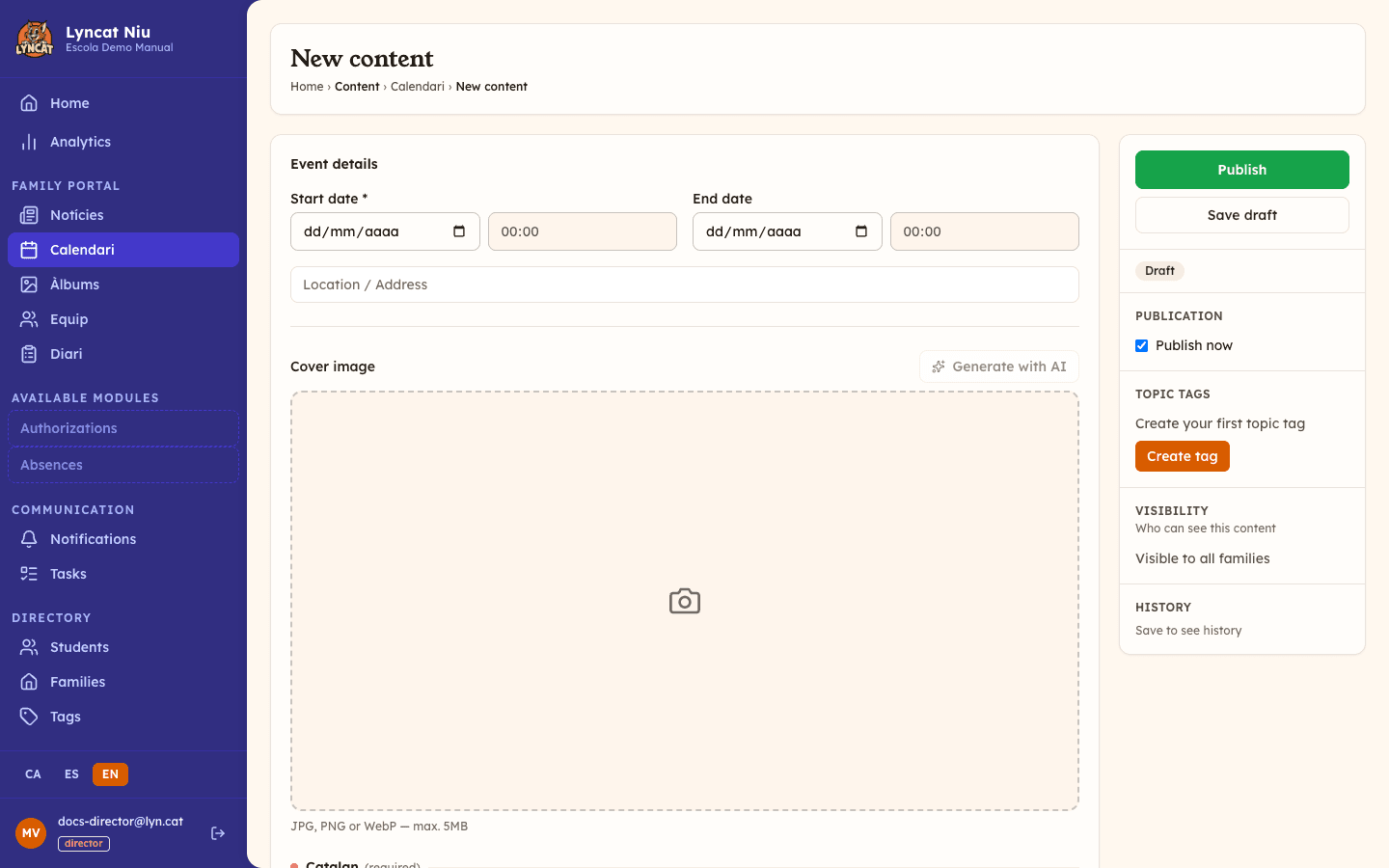 New calendar event editor, director view: start date, end date, location, title and content body fields, with the sidebar panel for publication and visibility settings.