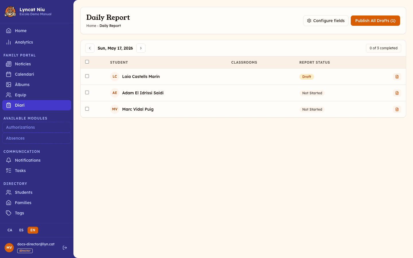 Daily report grid showing students and the status of each report, director view