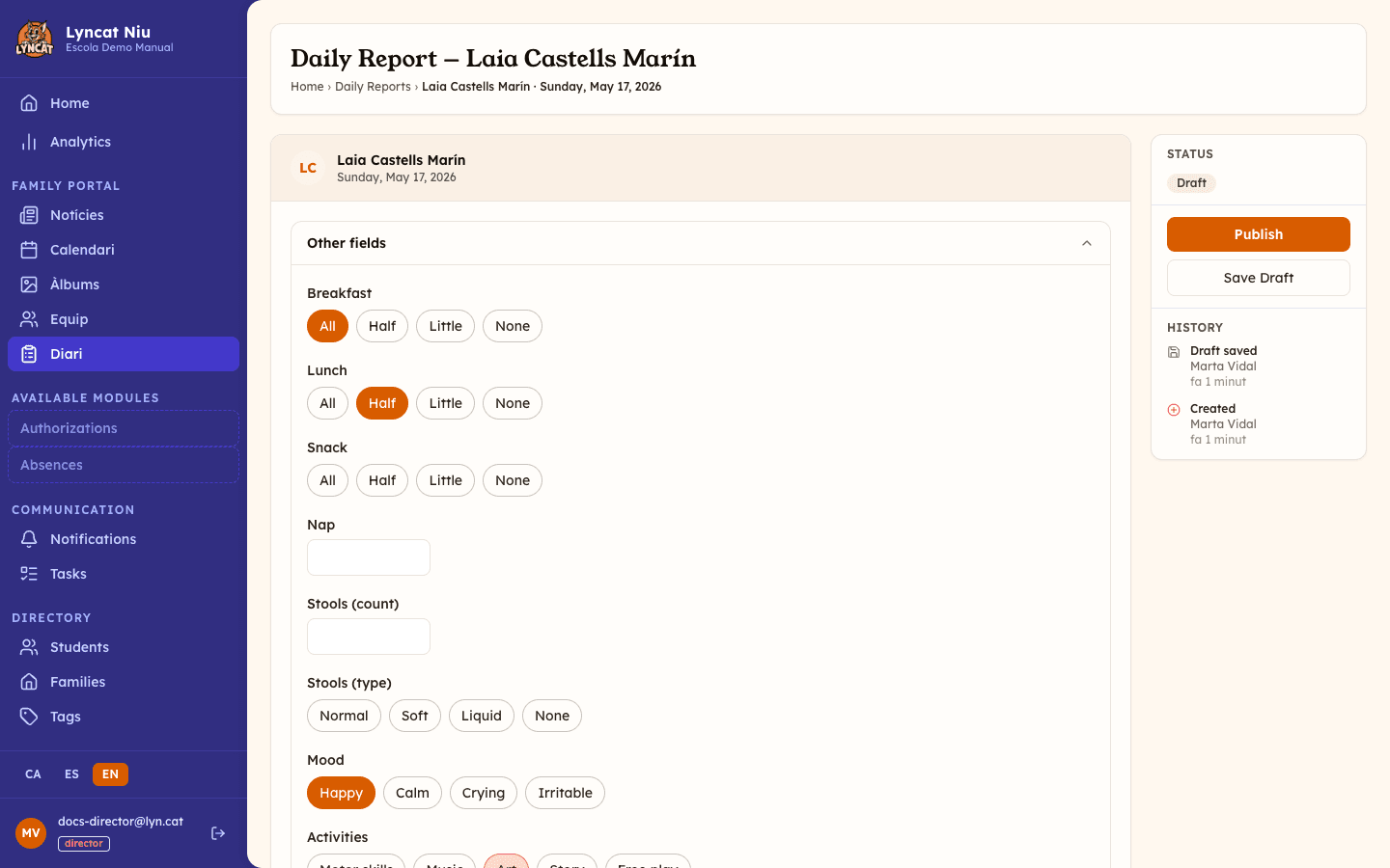 Daily report editor for a student with meals, mood and activities filled in, director view