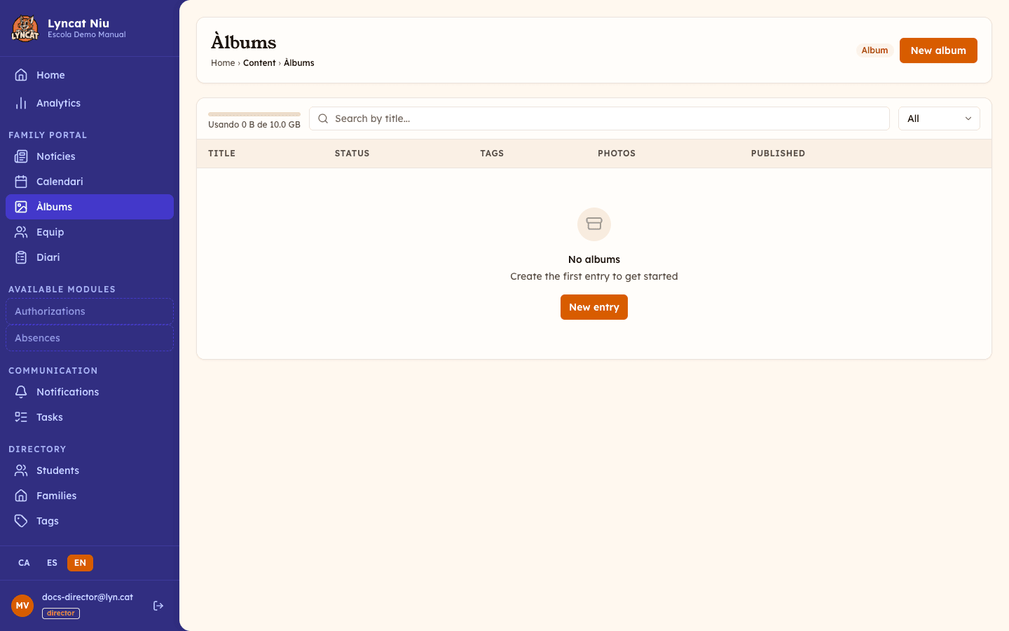Director view: photo gallery album list with 'New album' button