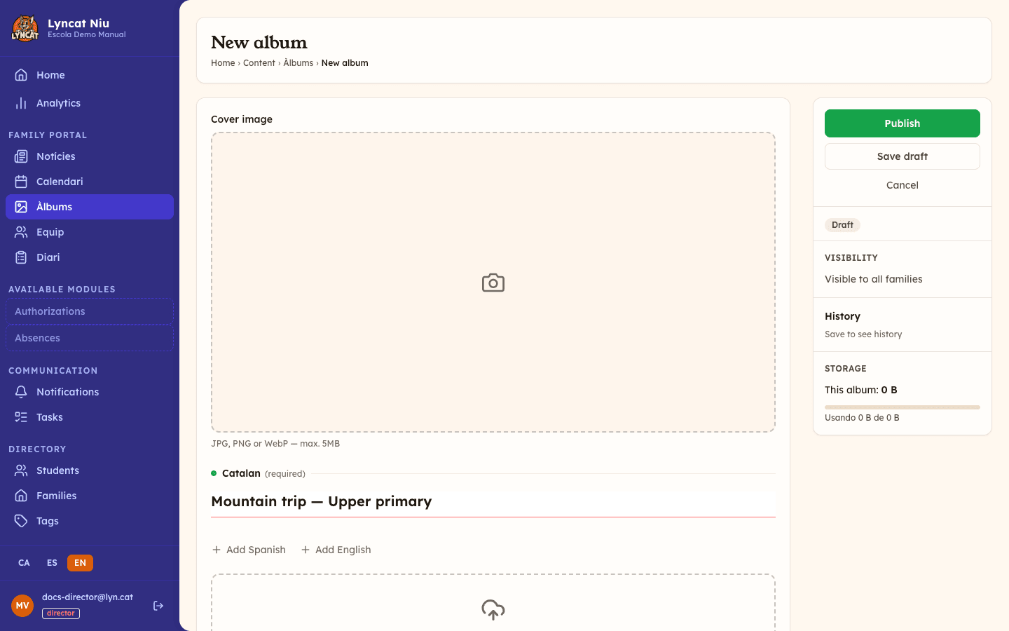 Director view: new album editor with title field, photo upload zone, and visibility panel