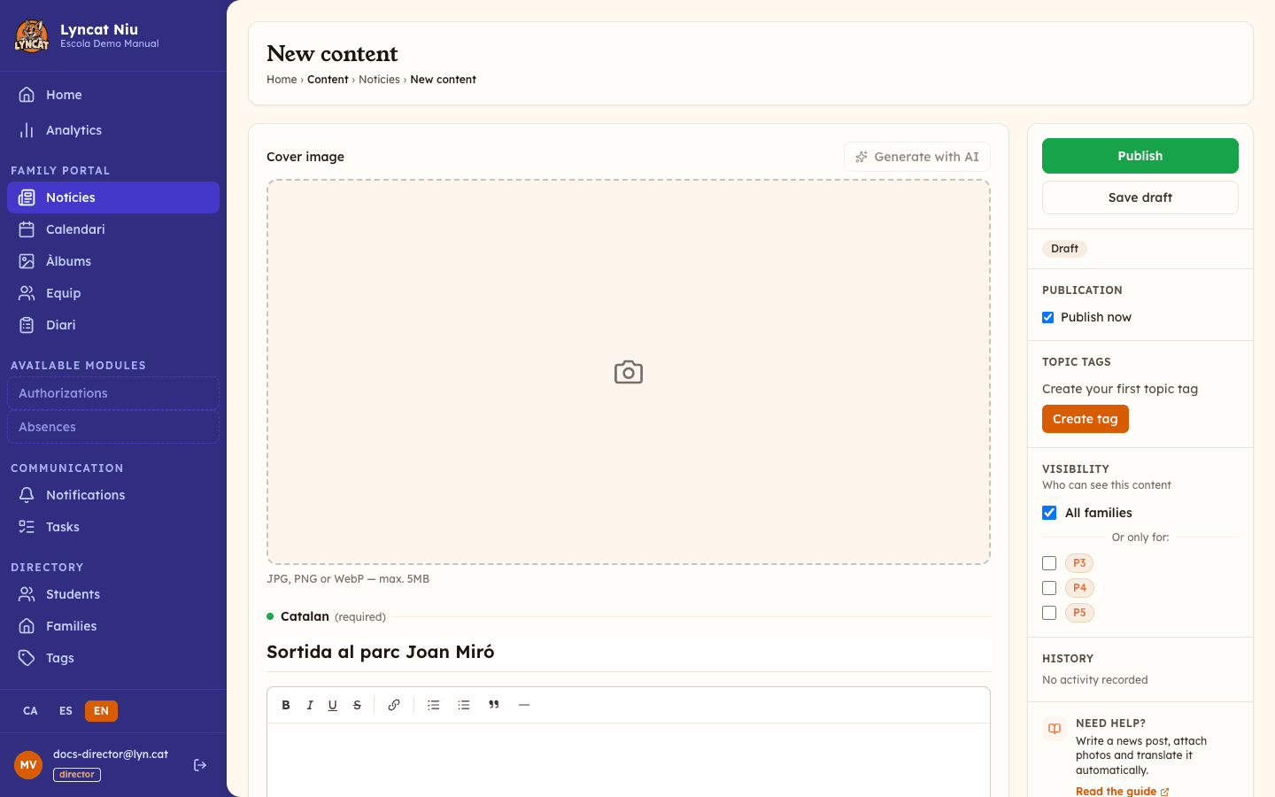 New news item editor with the title field filled in, right panel showing Visibility and Publication sections, director view