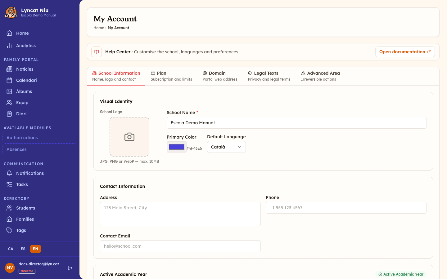 School configuration page showing the Visual Identity and Contact Information sections, director view