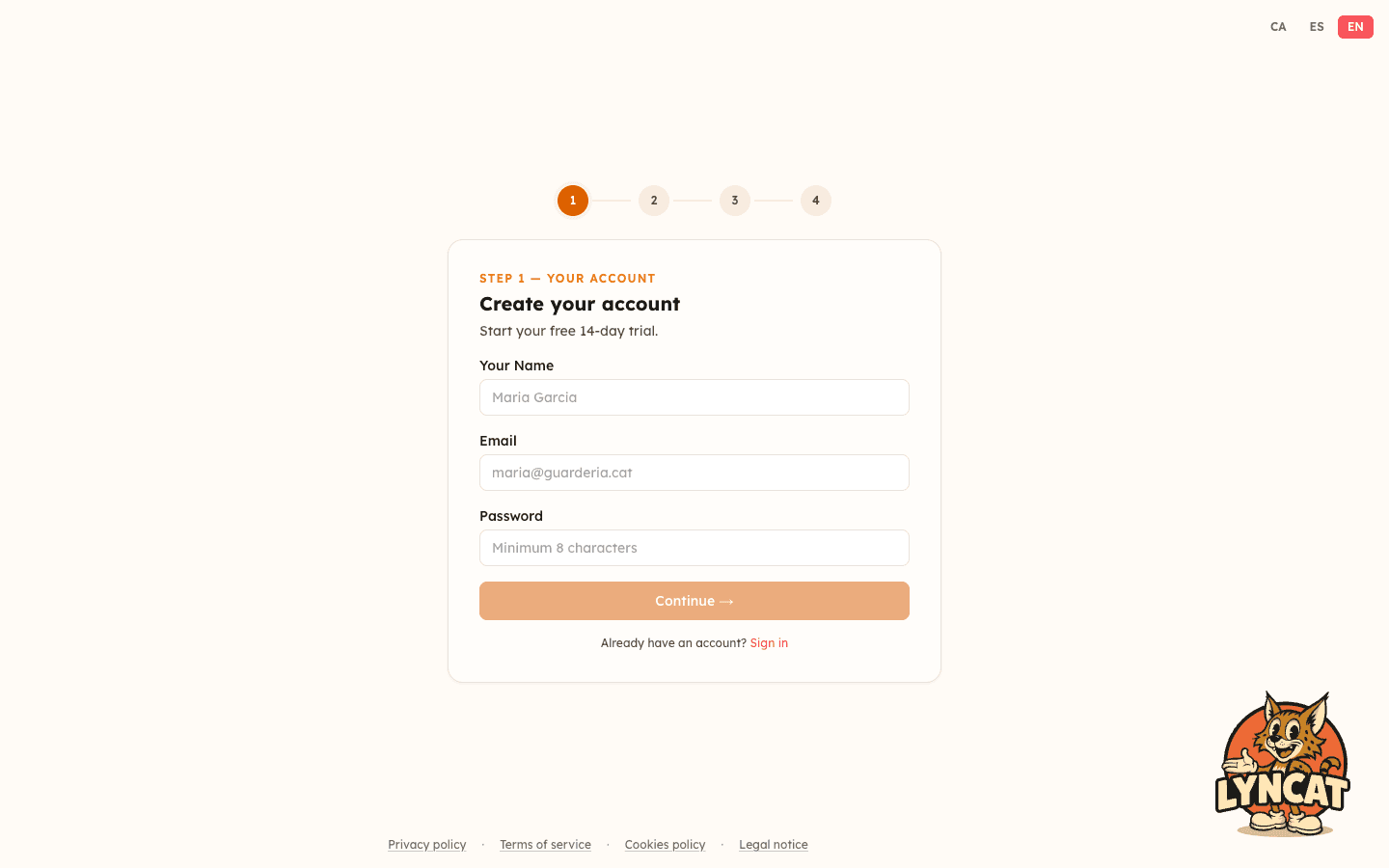 Lyncat Niu registration form — step 1 of 4, with email and password fields and the step indicator at the top