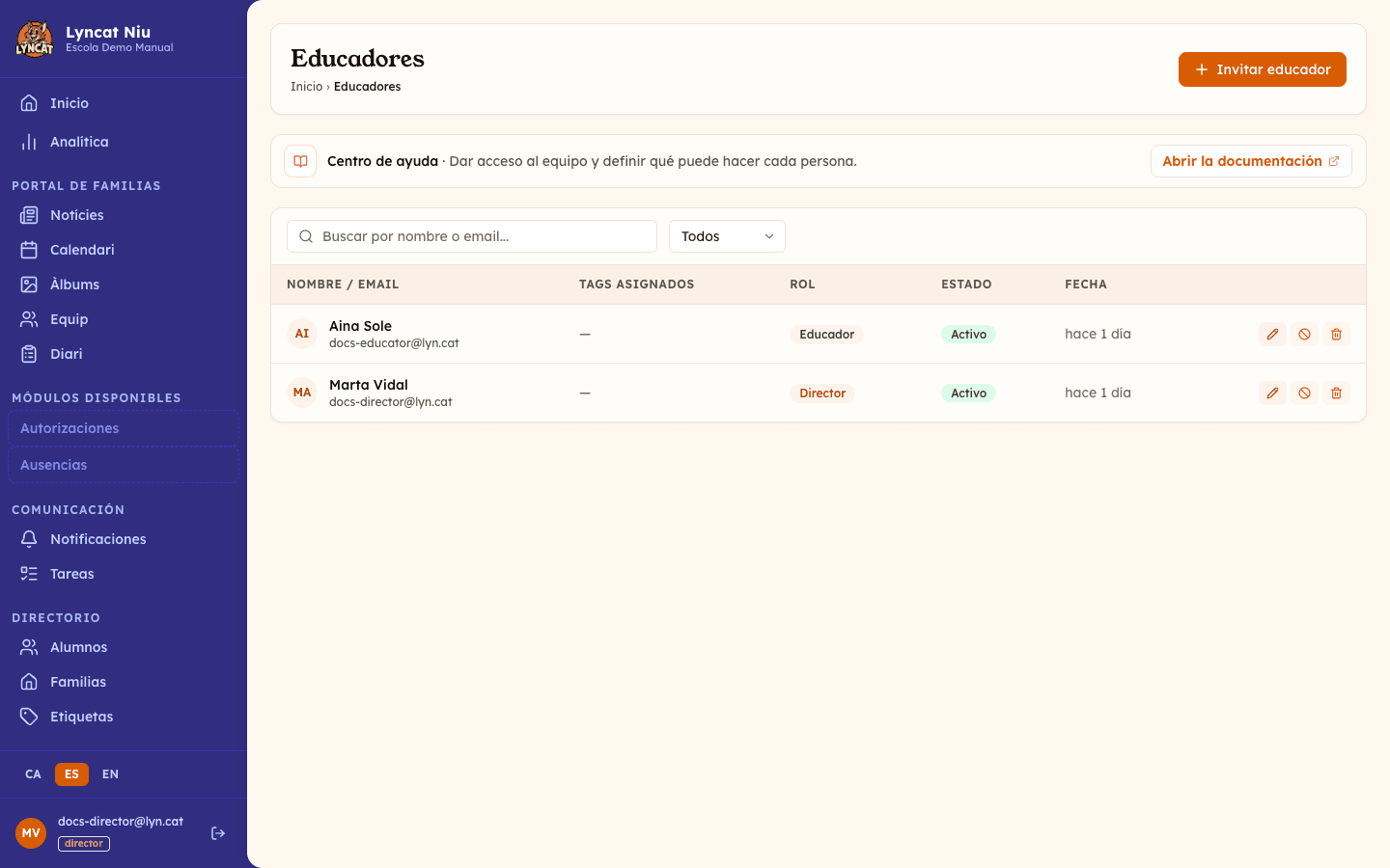 Educator list with search bar, status filter and 'Invite Educator' button at the top right. Director view.