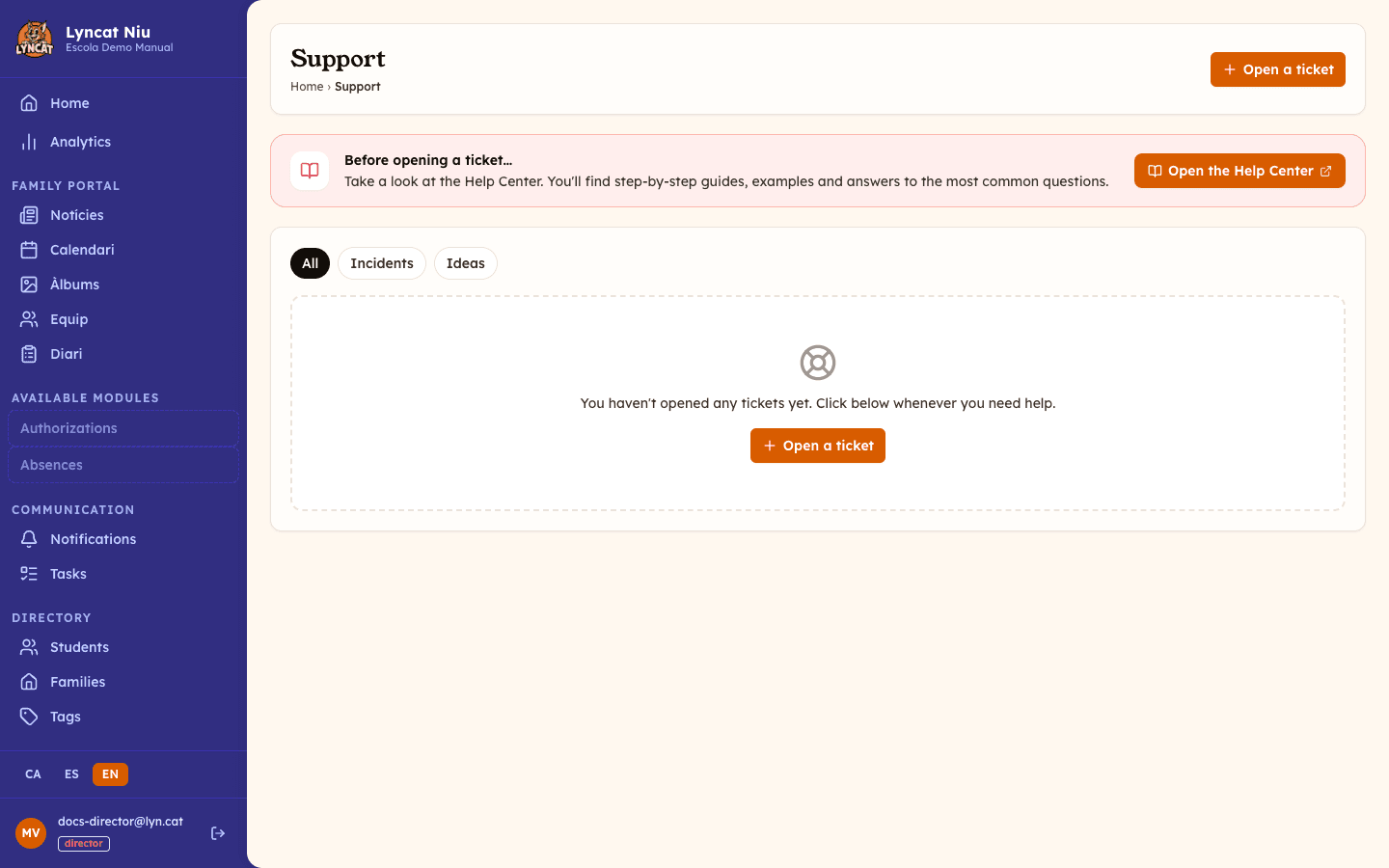 Support ticket list, director view