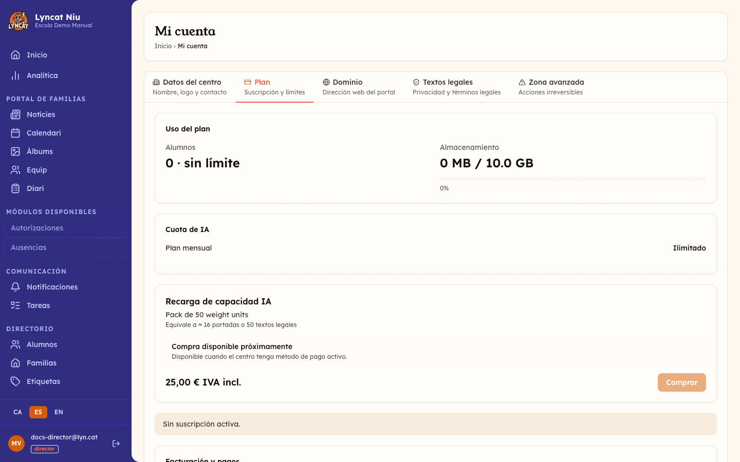 Pestaña Plan de Mi cuenta, mostrando el uso del plan y la sección de facturación. Vista del director/a.