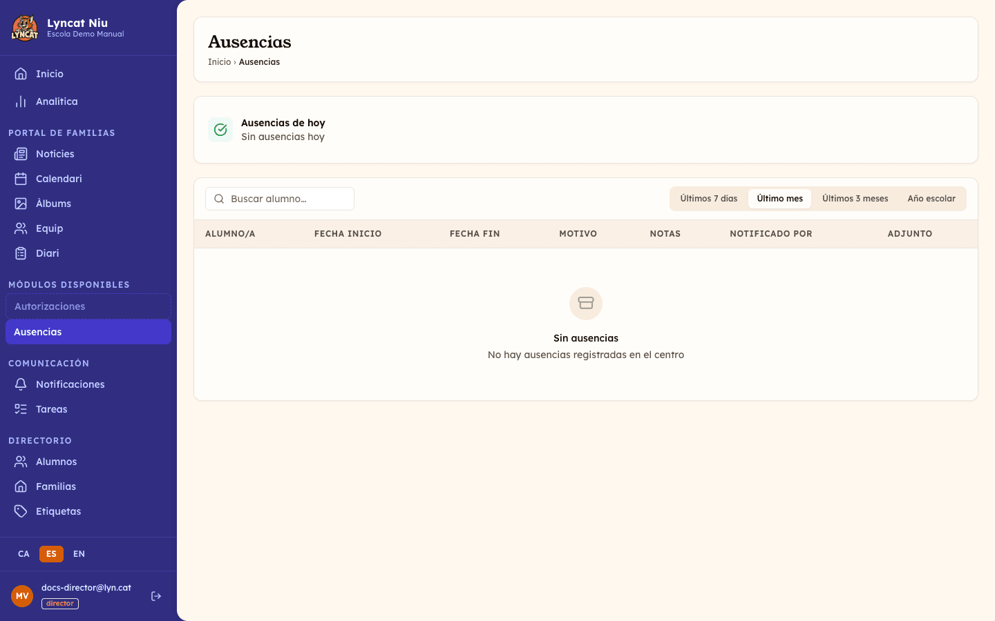 Vista principal de la sección Ausencias, con el widget de hoy, los filtros de período y la tabla de registro. Vista del director.