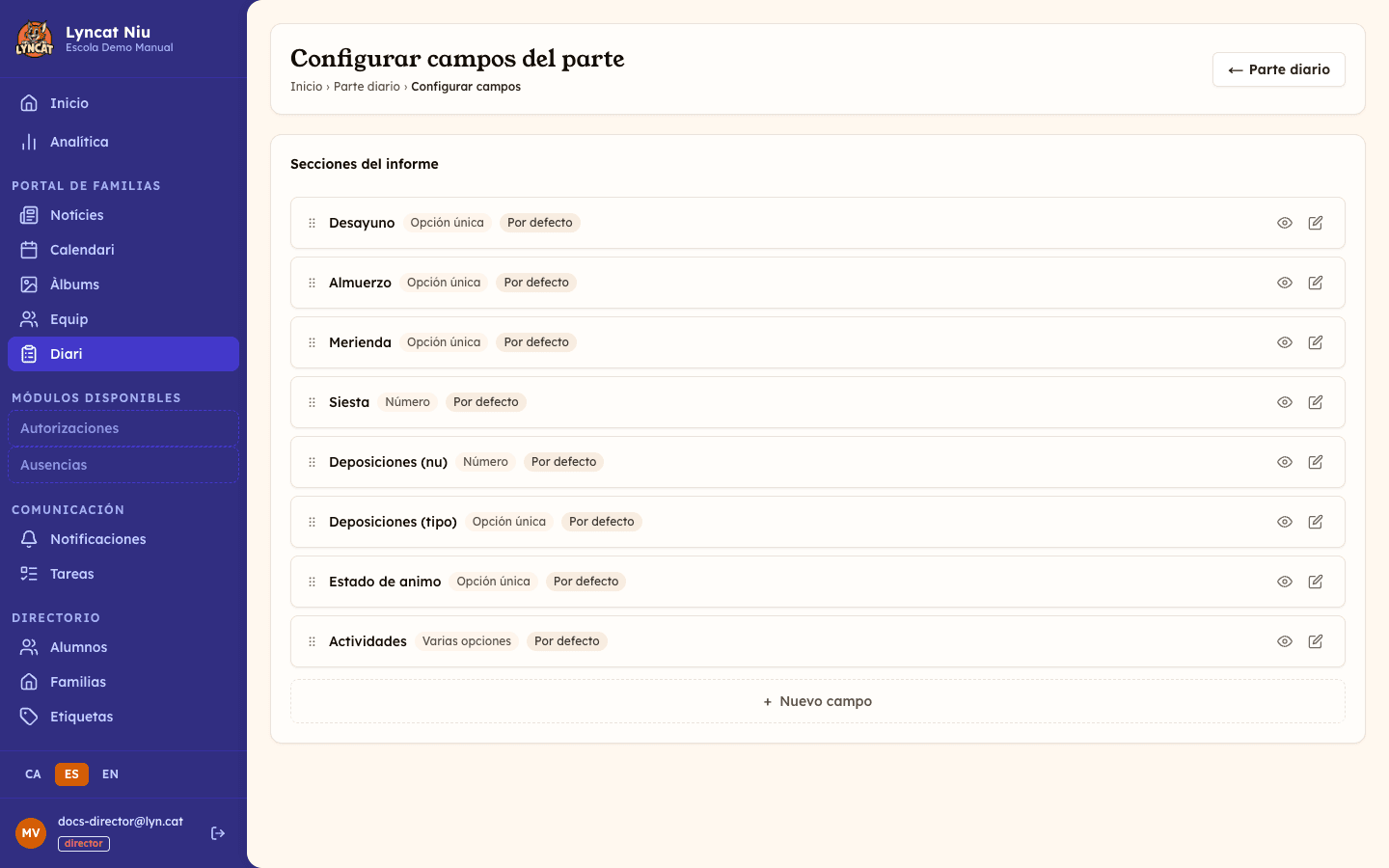 Pantalla Configurar campos del parte, con la lista de campos y el botón Nuevo campo, vista del director