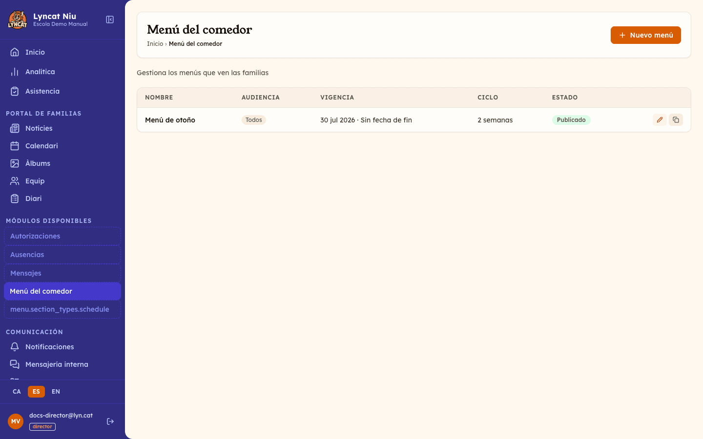 Lista de menús del comedor con columnas de nombre, audiencia, vigencia, ciclo y estado, vista del director