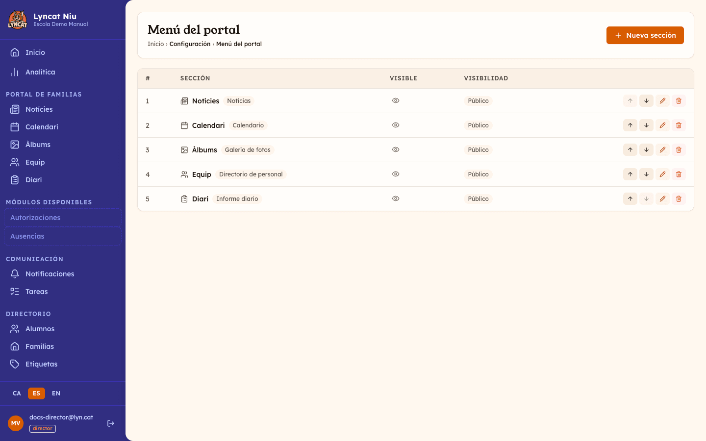 Lista de secciones del menú del portal con opciones de orden, visibilidad y edición, vista del director