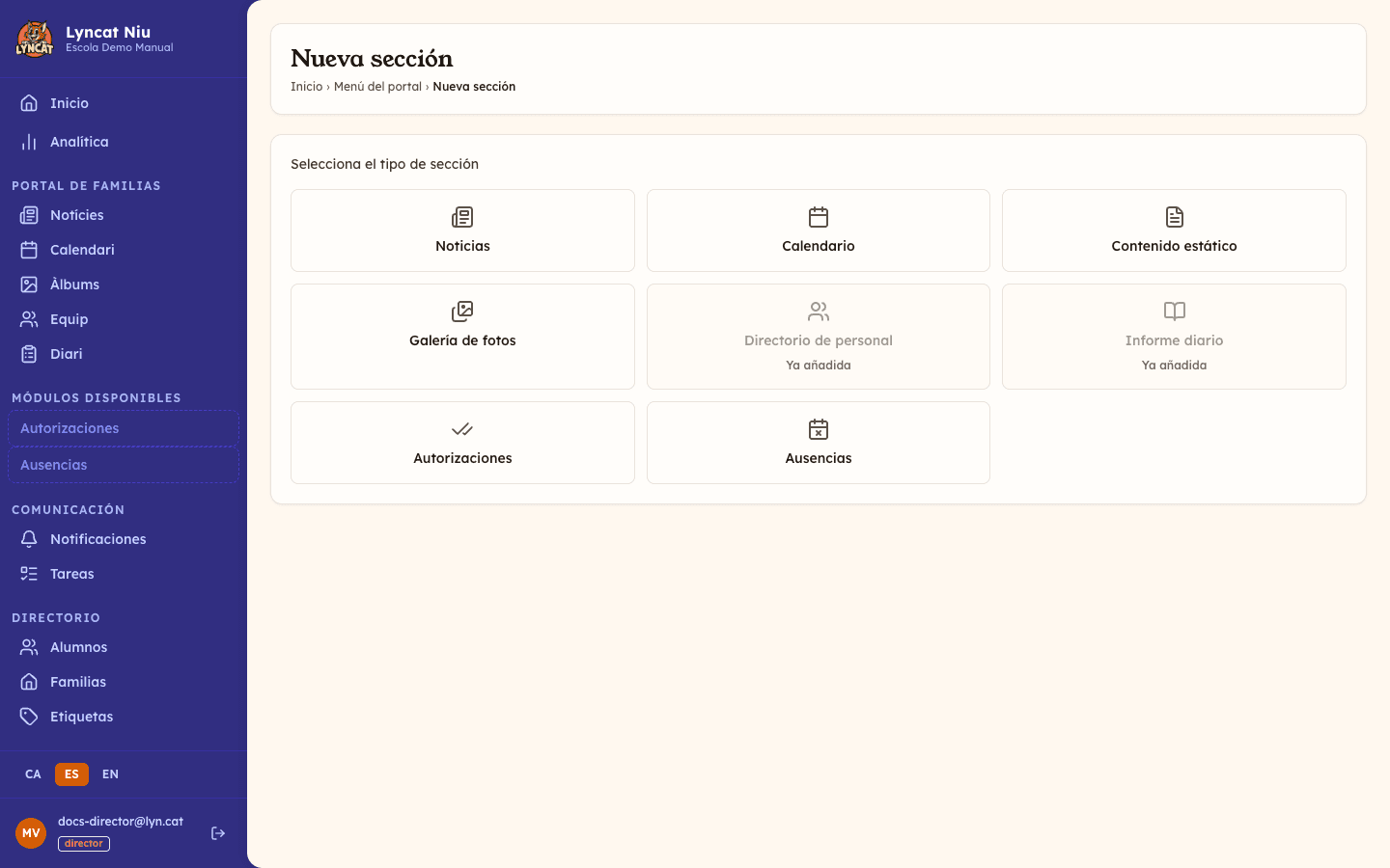 Cuadrícula de tipos de sección disponibles al crear una nueva sección, vista del director