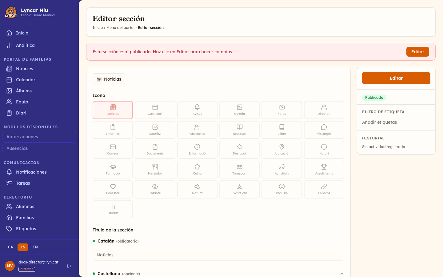 Formulario de edición de una sección con cuadrícula de iconos, nombres en varios idiomas y filtro de etiquetas, vista del director