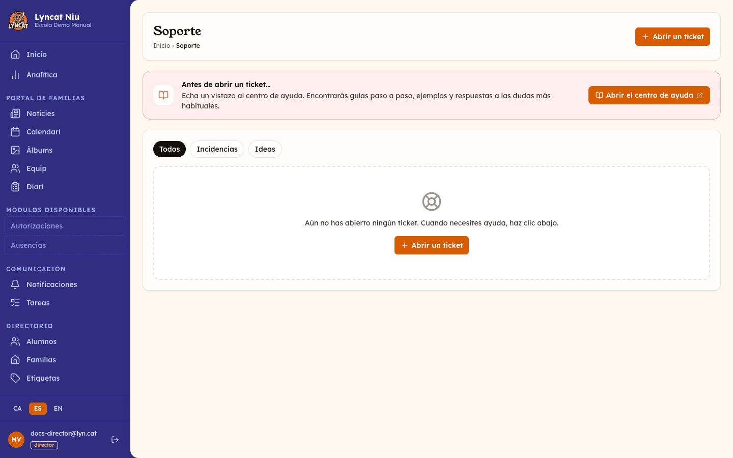 Lista de tickets de soporte, vista del director