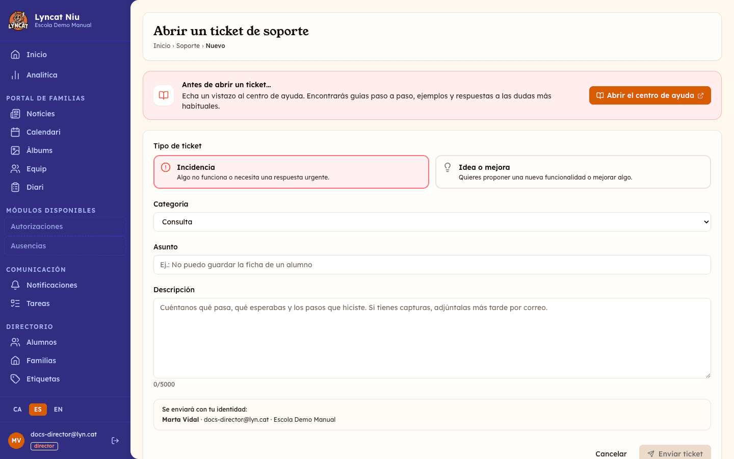 Formulario para abrir un ticket de soporte, vista del director