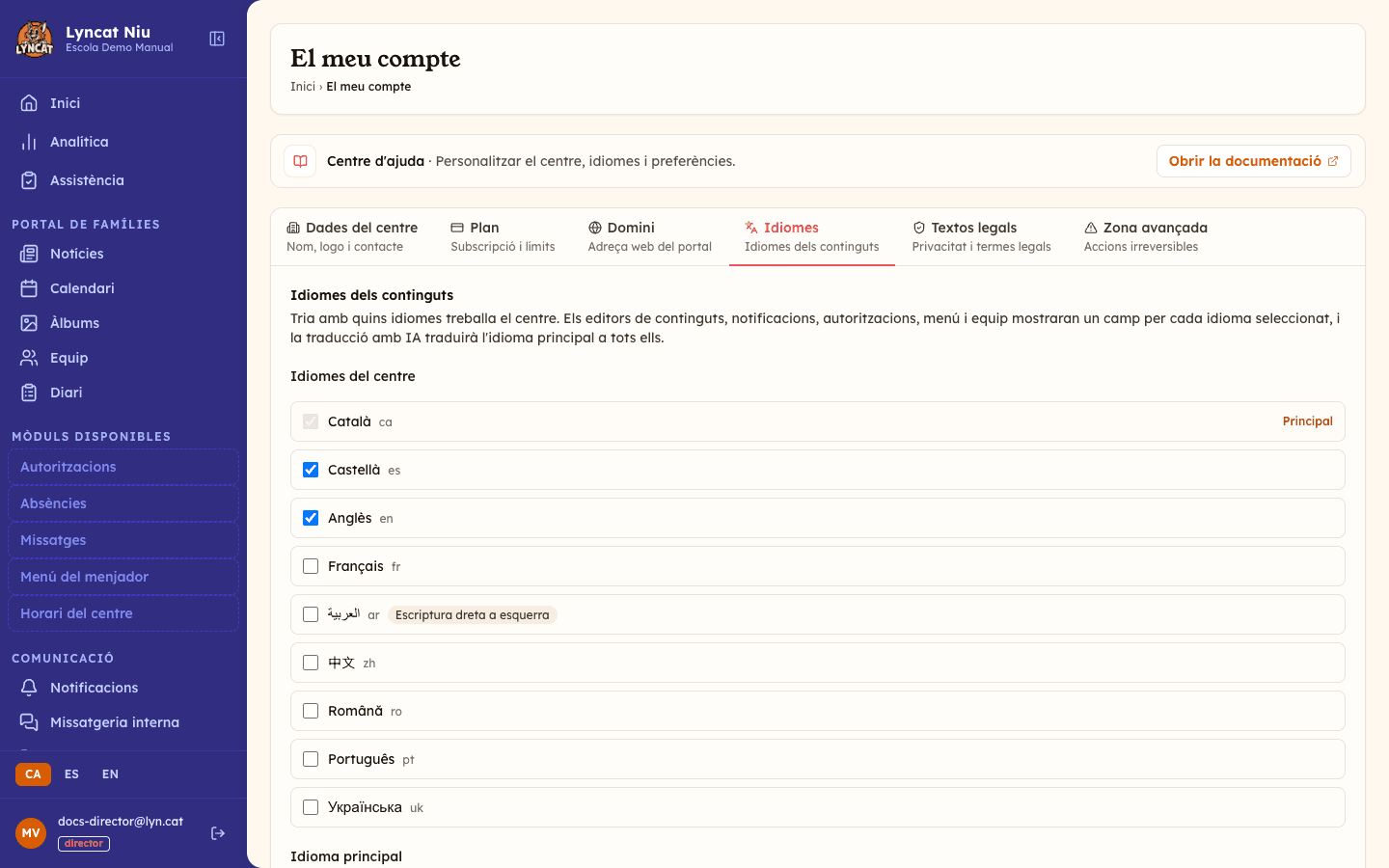 Pestanya Idiomes a El meu compte, amb el llistat dels 11 idiomes disponibles, l'idioma principal marcat i l'avís d'escriptura de dreta a esquerra a l'àrab. Vista del director.