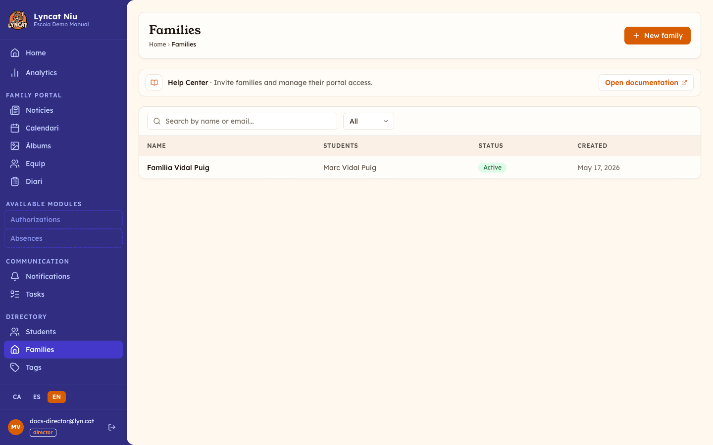 Llistat de famílies del centre (vista del director)