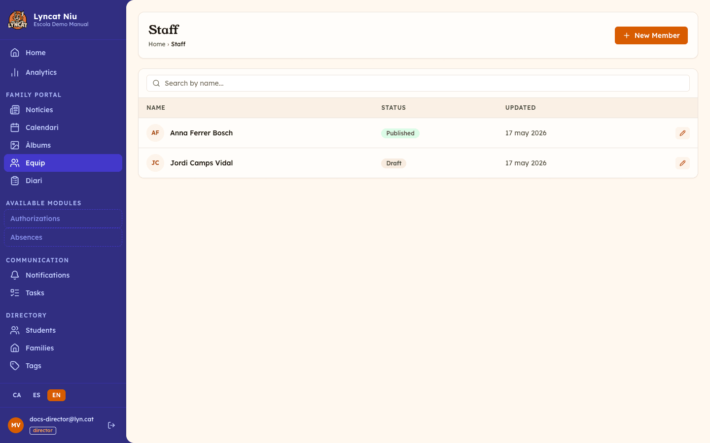 Staff list in the panel, showing one published and one draft member (director view)