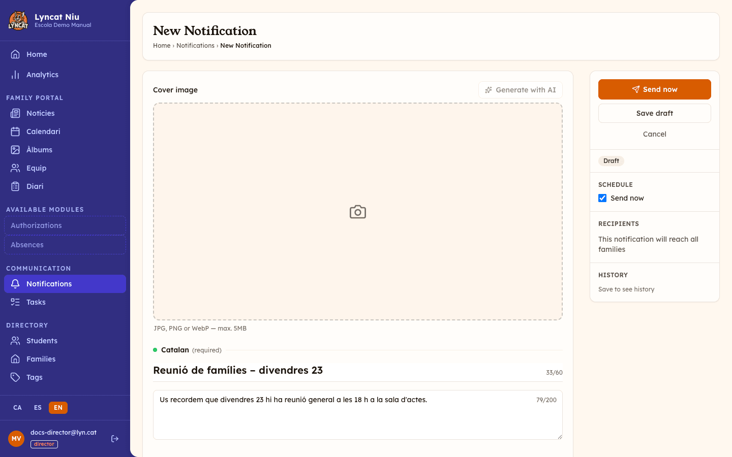 Notification composer with Title and Message fields, and the Schedule and Recipients sidebar — director view