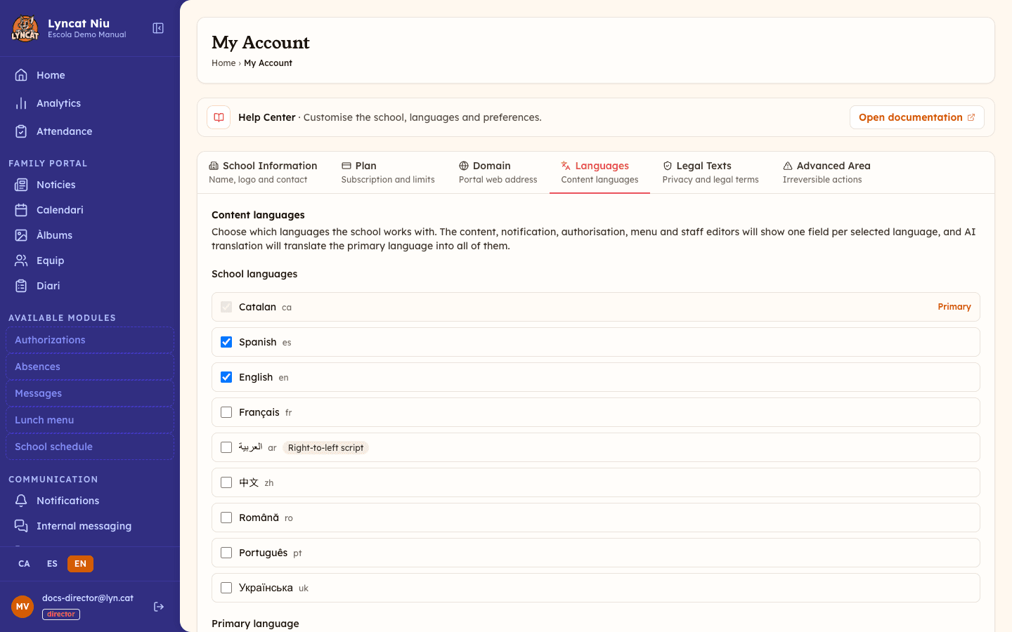 Languages tab in My Account, showing the list of 11 available languages, the primary language marked, and the right-to-left script warning on Arabic. Director view.