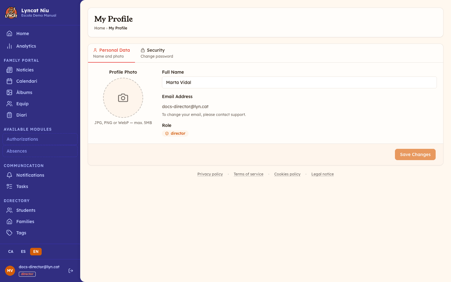 Personal profile form showing name, photo upload and read-only email, director view