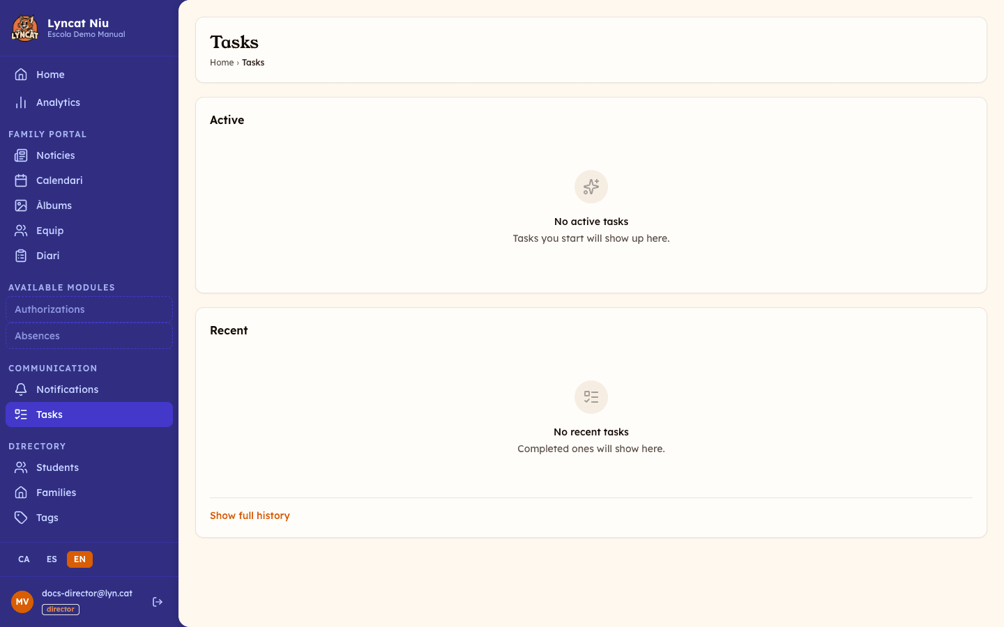 Tasks page in the admin panel showing the Active and Recent cards (director view)