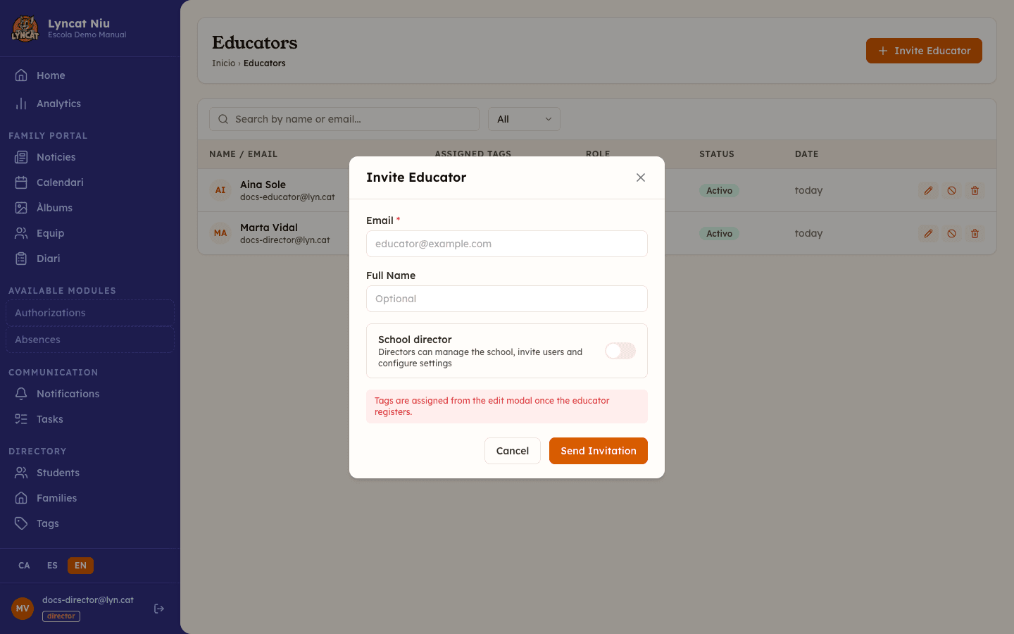 Modal to invite a new educator, with fields for email address, full name, and a toggle for the school director role. Director view.