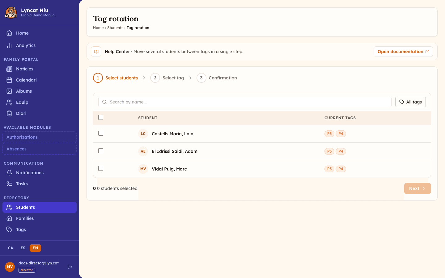 First step of the tag rotation wizard: list of active students with selection checkboxes, search bar, and selected student count