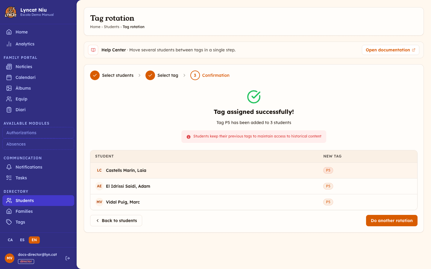 Third step of the wizard: confirmation screen showing the students who received the new tag