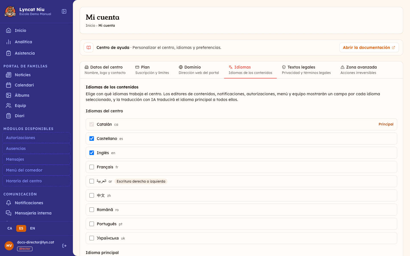 Pestaña Idiomas en Mi cuenta, con el listado de los 11 idiomas disponibles, el idioma principal marcado y el aviso de escritura de derecha a izquierda en árabe. Vista del director.