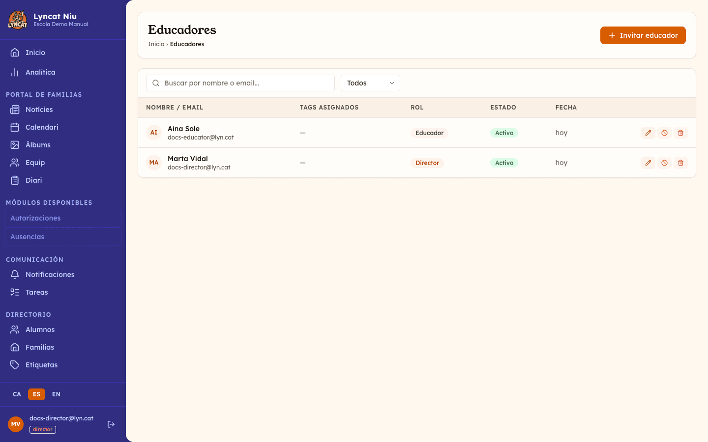 Listado de educadores del centro con barra de búsqueda, filtro por estado y opciones de editar, desactivar y eliminar. Vista del director.