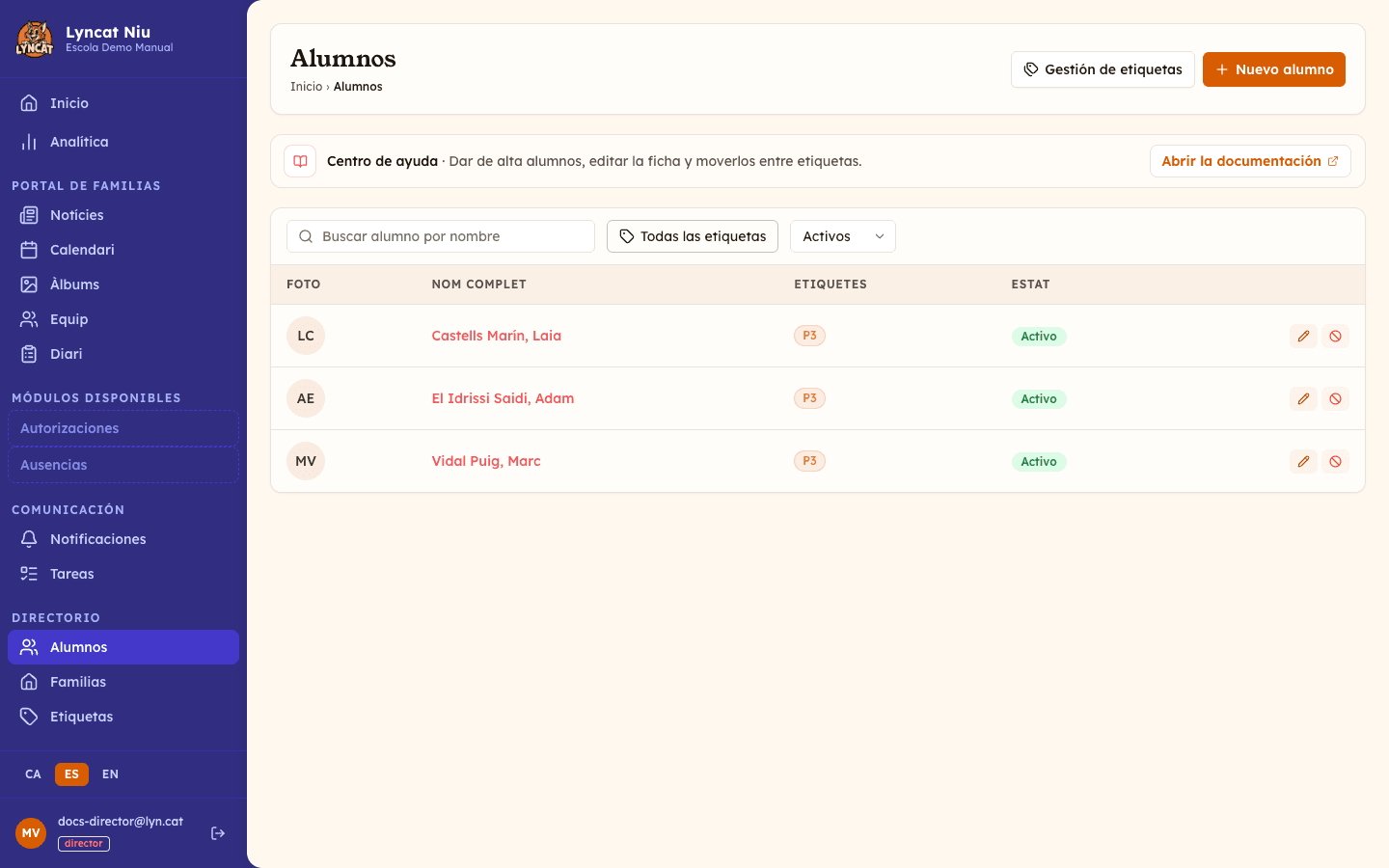 Vista del director en el listado de alumnos, con el botón Gestión de etiquetas visible en la parte superior derecha